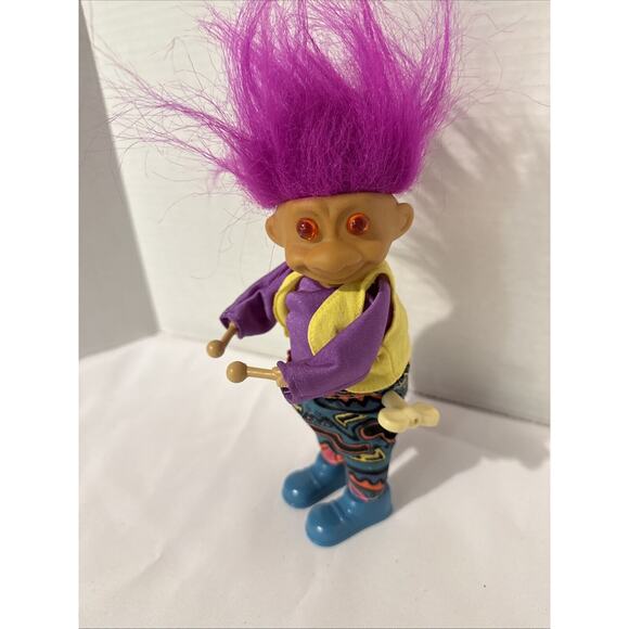 VTG 90s 9.5'' TROLL DRUMMER DOLL PINK HAIR w/ CLOTHES WIND UP ACTION WORKS - Picture 1 of 7